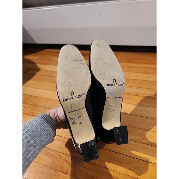 Etienne Aigner Patent Leather Black Block Heels Buckle Size 6M Almond Toe - Picture 6 of 6